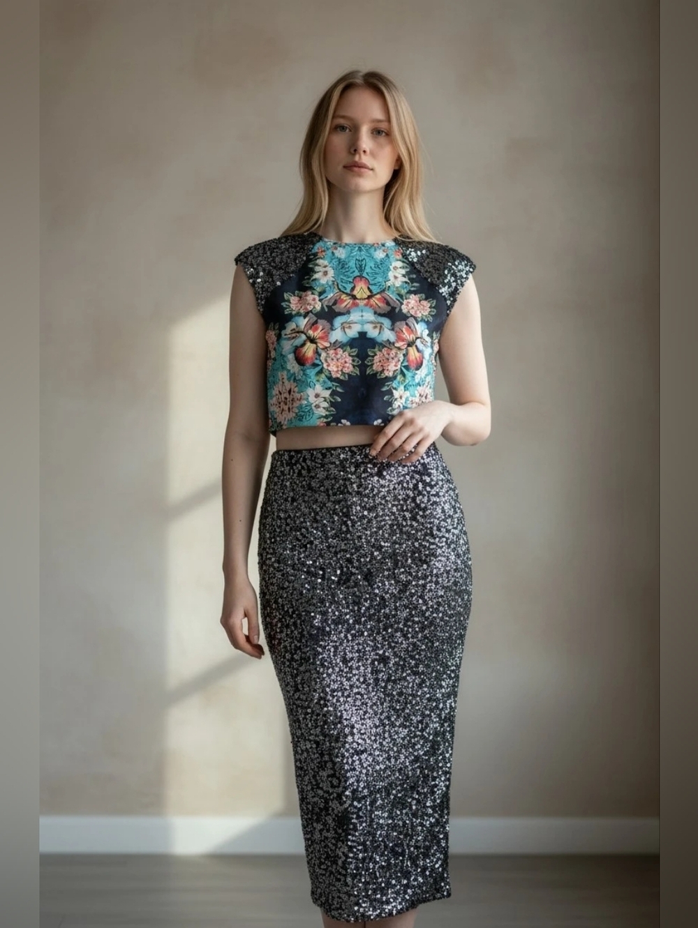 Xhilaration 2PC  Silver Sequins Skirt and Green Floral Sequin Top Set Sz Xsmall